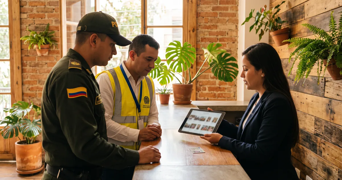 Recepcionista de hotel en Medellín mostrando el registro digital de visitantes a un agente de la Policía de Turismo y a un inspector del Distrito
